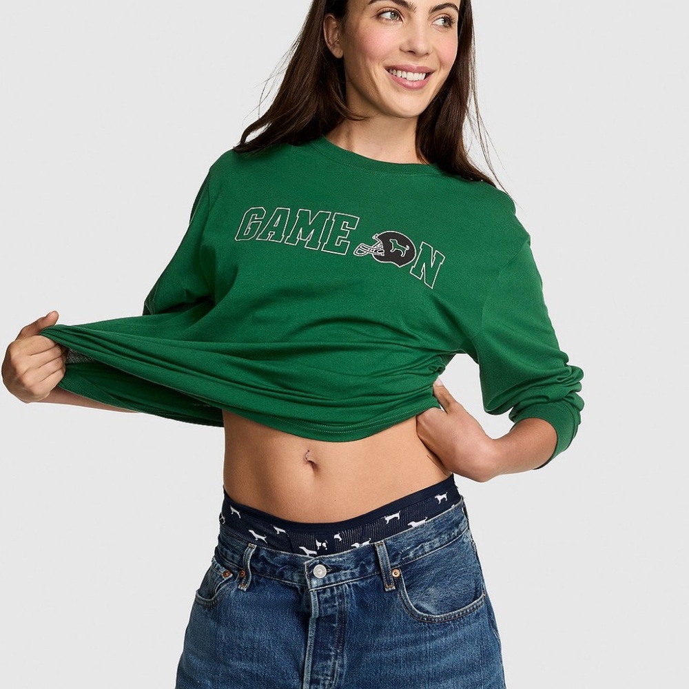 PINK Victoria's Secret Green Game On Long Sleeve Cotton Tee-Size Large NWT💚 - Picture 3 of 4